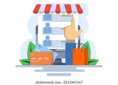 Concepto de revisión de Clientes en línea, Sitio web de calificación de Clientes, tienda en línea, tienda digital, publicidad de comercio electrónico, negocio de compras en línea, calificación y revisiones de Clientes, Ilustración vectorial plana.