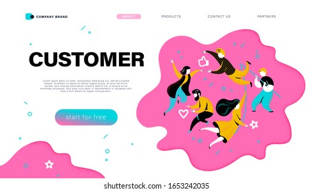 Concepto de revisión del cliente en línea. Pequeñas personas con iconos positivos de la línea de retroalimentación, como, estrella, pulgar arriba. Plantilla de diseño de página de inicio, aplicación móvil, ui. Ilustración plana vectorial.