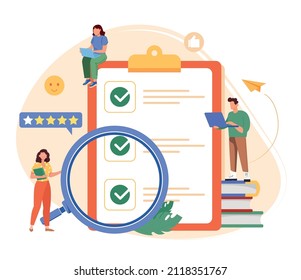 Online customer satisfaction survey. Large paper with checkmarks and crosses. Tiny people characters doing priorities checklist flat vector illustration. Work planning, feetback and management concept