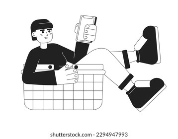 Online customer selecting goods in shopping basket monochromatic flat vector character. Editable thin line full body person on white. Simple bw cartoon spot image for web graphic design, animation