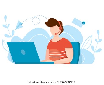 Online customer service agent with headphones. Distance support concept. Agent with headset talking with client. Global technical support vector illustration. Helpdesk.