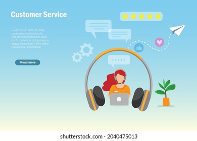 	
Online customer service, call center with headphone, microphone and evaluation rating face icons. Customer assistance, support and after sales service call center