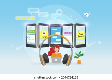 Online customer service, call center woman with customer 5 stars ratings and excellent reviews on smart phone screen. Customer evaluation, support and after sales service performance.
