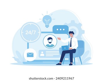 online customer service call and chat, 24 hours global trending concept flat illustration