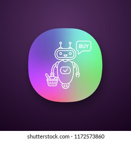 Online customer service chatbot app icon. UI/UX user interface. Talkbot with grocery basket says buy. Modern robot. Virtual shopping assistant. Web or mobile application. Vector isolated illustration