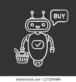Online customer service chatbot chalk icon. Talkbot with grocery basket says buy. Modern robot. Virtual shopping assistant. Isolated vector chalkboard illustration