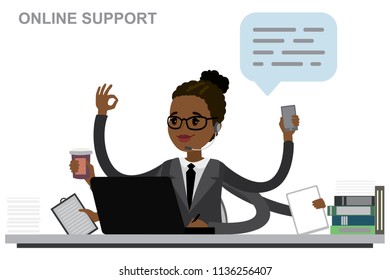 online customer service concept,african american multitasking female behind a desk in modern office,cartoon vector illustration