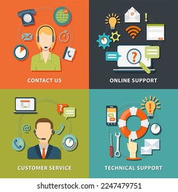 Servicio al cliente en línea diseño plano con iconos de concepto modernos ilustración aislada.con sombras y colores de moda para web, medios sociales, optimizaciones de seo, negocios, comercio electrónico, etc