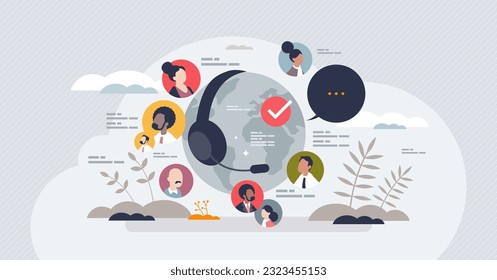 Online customer service with global support center tiny person concept. International assistance with call agent for telemarketing and find user solutions vector illustration. Chat or talk in hotline