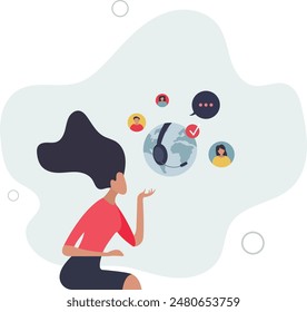 Online customer service with global support center..International assistance with call agent for telemarketing and find user solutions.flat illustration.