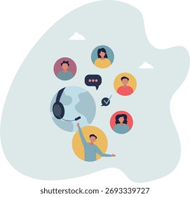 Servicio al cliente en línea con centro de Asistencia global.. Asistencia internacional con agente de llamadas para telemarketing y encontrar soluciones de usuario. vida y empleo de las personas.