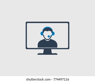 Online customer service icon. Helping man on computer screen.