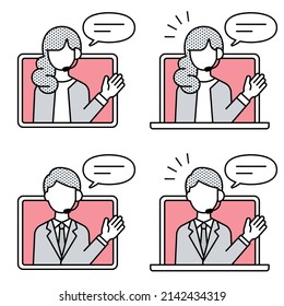 online customer service icon set  of woman and man with headset in tablet and pc