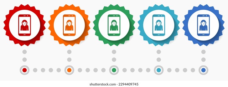 Online customer service in smartphone, vector icon set, colorful infographic template, set of flat design badge icons in 5 color options