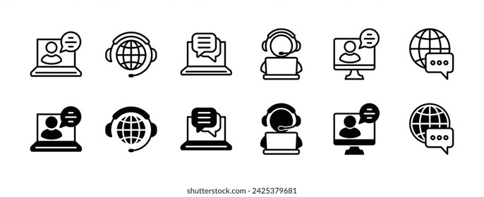 Online customer service and support icon set. Containing assistance, help, operator, hotline, call center, technical support, staff, and global communication agent. Vector illustration