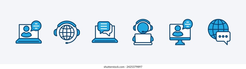 Online customer service and support icon set. Containing assistance, help, operator, hotline, call center, technical support, staff, and global communication agent. Vector illustration