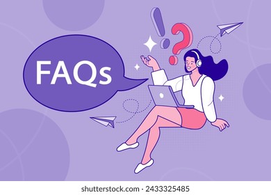 online customer service. Woman with headphones and microphone with laptop. support, assistance, call center Concept. female hotline operator advises client. Online support illustration flat design.