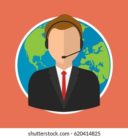 Online customer support center operator service on world globe background. Vector illustration flat style online business concept.