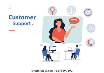 Online Customer Support or Client Services with a cheerful woman on a digital screen surrounded by contact and search icons answering a customers query, flat cartoon vector illustration