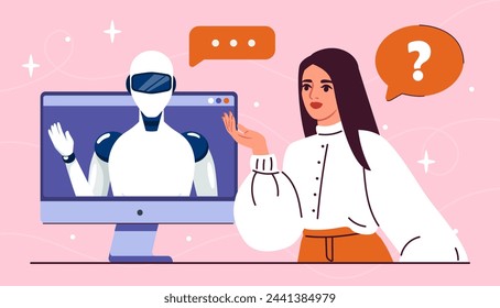 Online customer support concept. Chatbot answer to womans questions. AI assistant. Artificial intelligence and machine learning. Cartoon flat vector illustration isolated on pink background