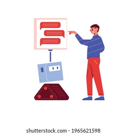 Online customer support flat concept with man having conversation with chatbot vector illustration