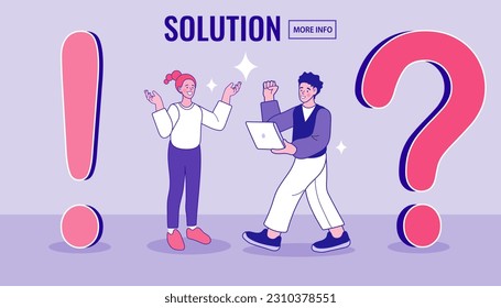 Online-Kundenservice und Helpdesk-Konzept. Flache Cartoon-Vektorgrafik. Unterstützung für professionelle Bediener, Kommunikationshilfe. Mann und Zweiflerin mit Fragezeichen. Lösung auswählen.