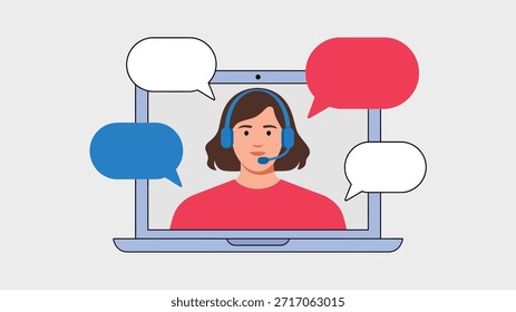 Online-Kundensupport-Illustration mit Headset-Agent auf Laptop-Bildschirm und Chat-Blasen für Helpdesk-Kommunikationskonzept