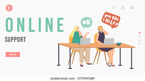 Online Customer Support Service Landing Page Template. Technical Receptionist Girls Characters, in Headset Chatting with Client in Call Center Answering Question. Cartoon People Vector Illustration