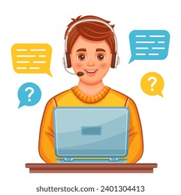 Online customer support service operator, call center consultant, hotline phone assistant icon. Man with headphone, computer laptop talk with client. Help desk, internet telephone consultation. Vector