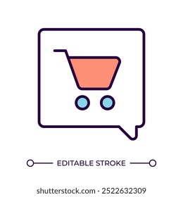 Online customer support service RGB color icon. Shopping cart and speech bubble. Ecommerce. Buying online. Isolated vector illustration. Simple filled line drawing. Editable stroke