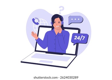 Online Customer Support. Virtual Assistance Illustration for Help Service. Illustration for websites, landing pages, mobile apps, posters and banners