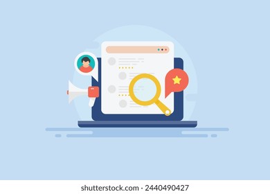 Online customer trust, Customer sharing experience on web, Customer loyalty, Online customer trust building - vector illustration with icons