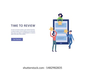 Online customers feedback banner with people characters and copy space for text flat vector illustration isolated on white background. Review or rating for business.