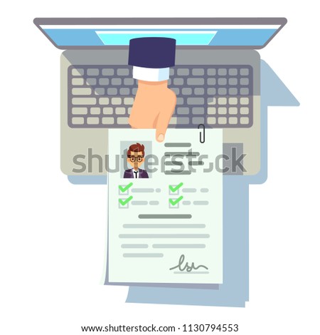 Online cv application. Resume submission on laptop screen, recruitment and career management vector concept. Online job, candidate application resume illustration