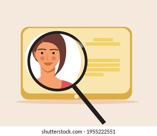 Online CV of a businesswoman. Flat vector stock illustration. Search for an employee in the company. Interview resume, job candidate. Job search concept. Isolated illustration