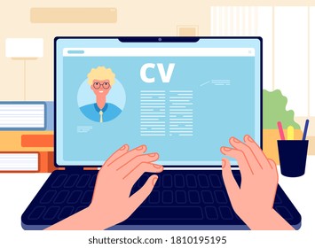 Online CV. Young Man Writing Job Application On Laptop. HR Concept, Searching Job In Internet. Career Start, Hands Working On Computer Vector Illustration