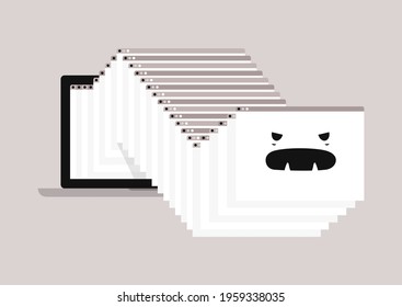 Online Cyber Bullying Concept, A Digital Monster Made Of Open Browser Windows Cascade Popping Up From The Laptop Screen, Anonymous Mocking Haters