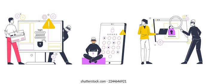 Online cyber crime. Cyber hacker attack, internet scam phishing and fraud, computer security, personal data protection flat vector illustration isolated on white background