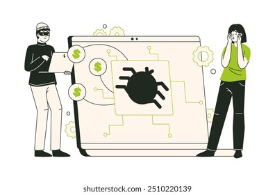 Online cyber crime. Cyber hacker attack, internet scam phishing, personal data protection and computer security flat vector illustration. Internet fraud scene