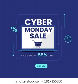 Online Cyber Monday Sale App in Laptop with 55% Discount Offer on Blue Grid Background for Advertising.