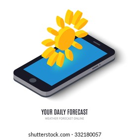Online daily forecast concept isometric icon. Vector illustration. Smart weather technology system on digital tablet or mobile phone. With sun element. Widget isolated on white background.