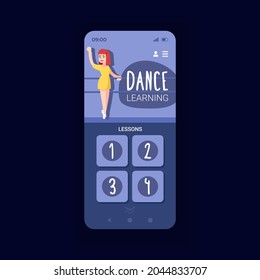 Online dance classes smartphone interface vector template. Mobile app page design layout. Online fitness lessons. Various dance routine tutorials screen. Flat UI for application. Phone display