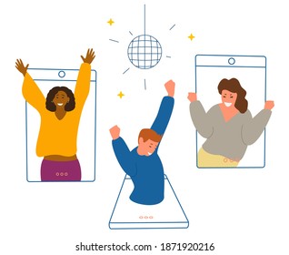 Online Dance Party During Quarantine Concept Flat Vector Illustration. Happy People Of Different Ethnicity Dancing In Smartphones.