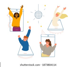 Online Dance Party During Quarantine Concept Flat Vector Illustration. Happy People Of Different Ethnicity Dancing In Smartphones.