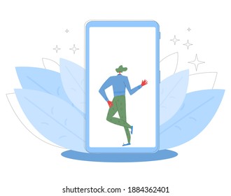 Online dancing man. Male character wearing in casual clothes dancing isolated on phone screen. Person jumping and have fun. social media for teens. Vector color flat illustration. 