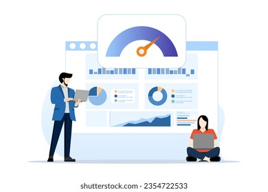 Online dashboard concept with speed indicator, internet performance test. Landing page template with person with computer display with speedometer. Flat vector illustration for website.