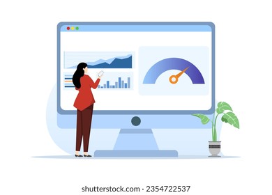 Online dashboard concept with speed indicator, internet performance test. Landing page template with person with computer display with speedometer. Flat vector illustration for website.