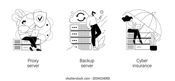 Online data access and security abstract concept vector illustration set. Proxy server, backup server, cyber insurance, computer networking, IP address, IT security, data hacking abstract metaphor.