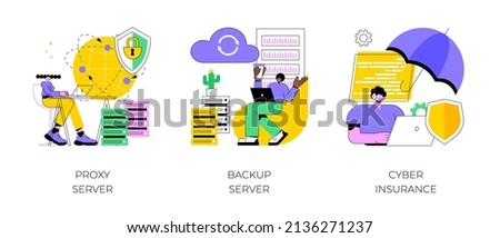 Online data access and security abstract concept vector illustration set. Proxy server, backup server, cyber insurance, computer networking, IP address, IT security, data hacking abstract metaphor.