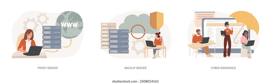 Online data access and security isolated concept vector illustration set. Proxy server, backup server, cyber insurance, computer networking, IP address, IT security, data hacking vector concept.